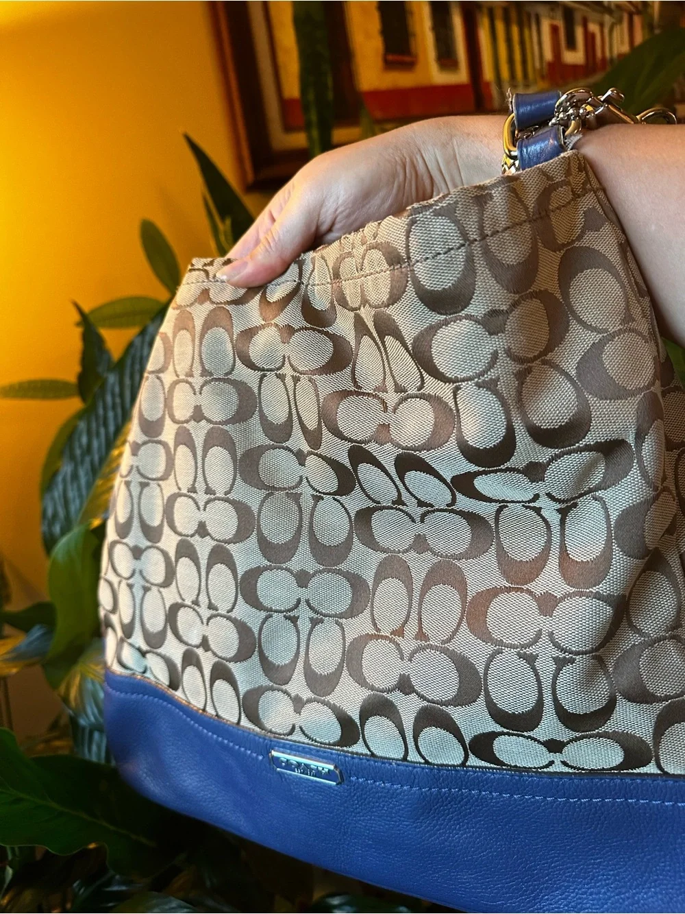 Authentic Coach Signature Canvas Hobo Bag in Brown with Blue Trim